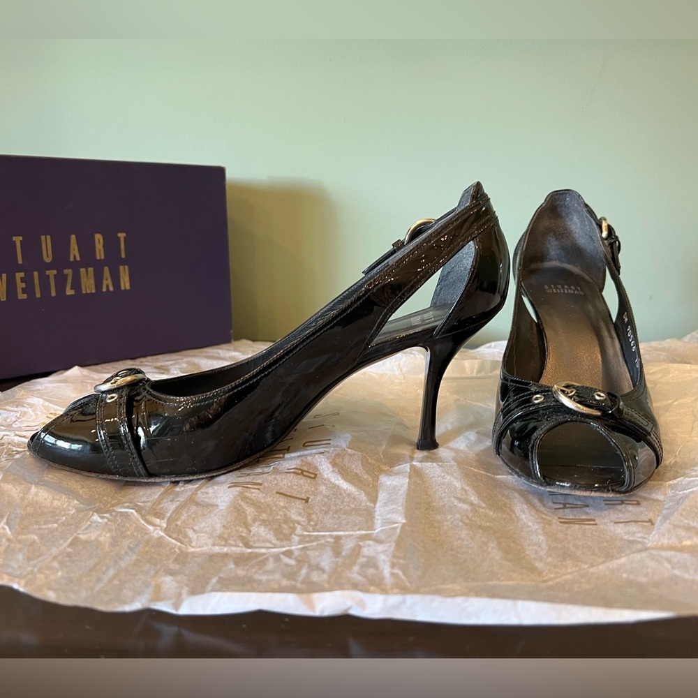 Stuart Weitzman Glossy Black Peep-Toe Pumps